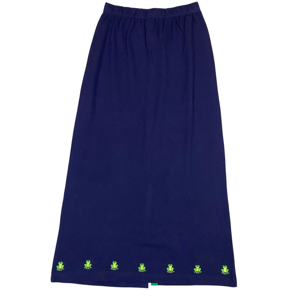 Quacker Factory Frog Embroidered Pique Knit Maxi Skirt Womens Small Navy Blue